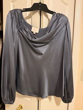cinq a sept Slate Blue Satin Drape-Neck Long Sleeve Blouse